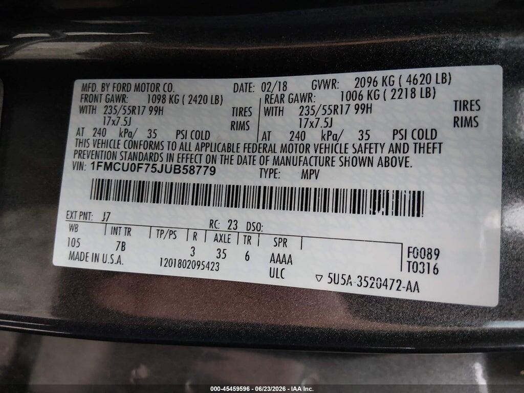 1FMCU0F75JUB58779 2018 FORD ESCAPE photo no. 9