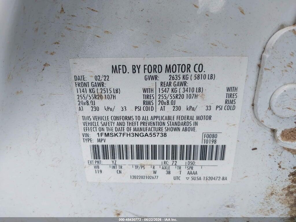 1FMSK7FH3NGA55738 2022 FORD EXPLORER photo no. 9