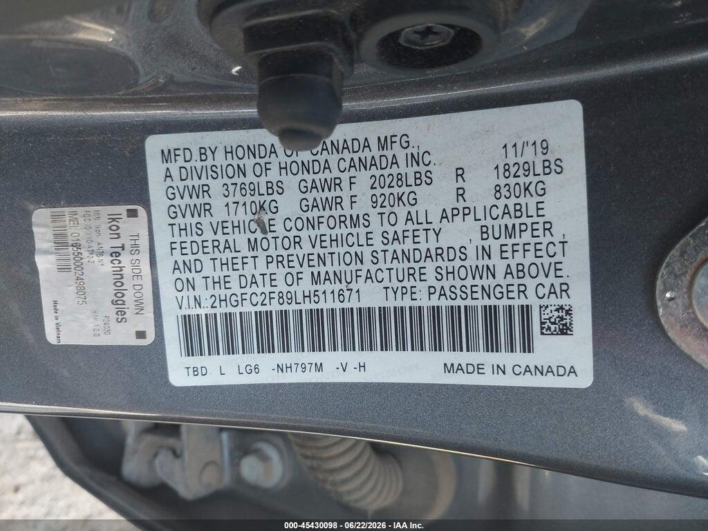 2HGFC2F89LH511671 2020 HONDA CIVIC photo no. 9