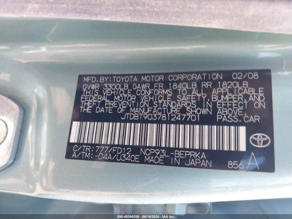 JTDBT903781247701 2008 TOYOTA YARIS photo no. 9
