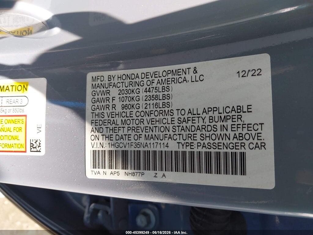 1HGCV1F35NA117114 2022 HONDA ACCORD photo no. 9