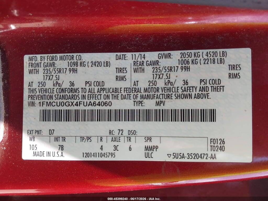1FMCU0GX4FUA64060 2015 FORD ESCAPE photo no. 9