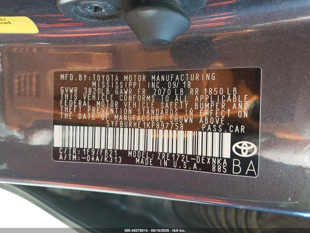 5YFBURHE1KP897758 2019 TOYOTA COROLLA photo no. 9