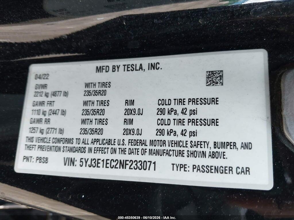 5YJ3E1EC2NF233071 2022 TESLA MODEL 3 photo no. 9