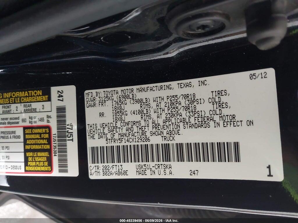 5TFRY5F14CX129206 2012 TOYOTA TUNDRA photo no. 9