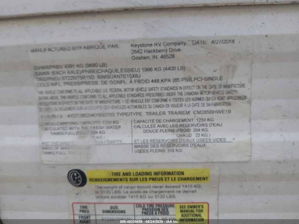 4YDT28528KY930763 2019 COLEMAN LANTERN photo no. 9