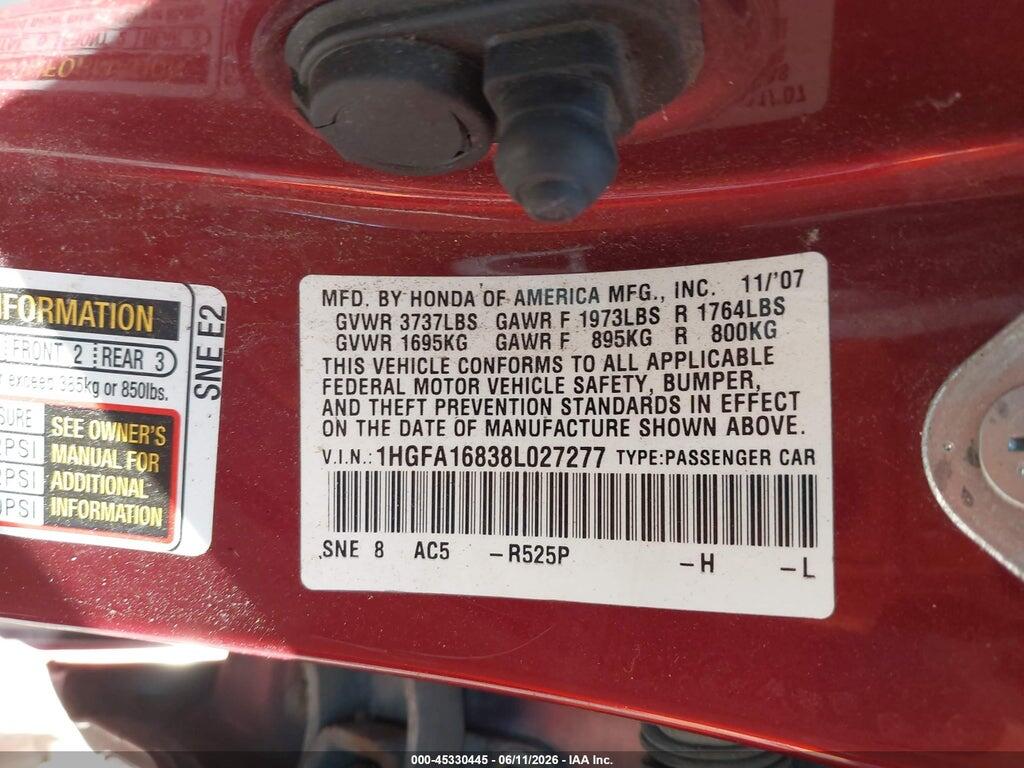 1HGFA16838L027277 2008 HONDA CIVIC photo no. 9