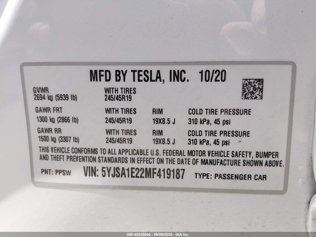 5YJSA1E22MF419187 2021 TESLA MODEL S photo no. 9