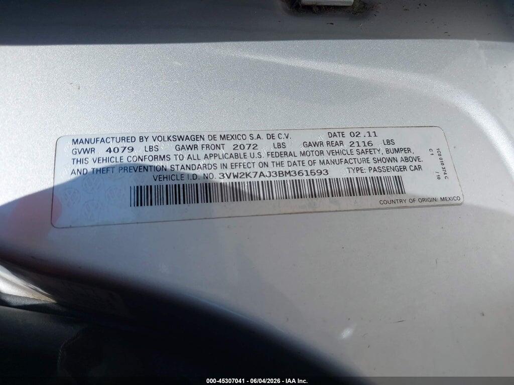 3VW2K7AJ3BM361593 2011 VOLKSWAGEN JETTA photo no. 9