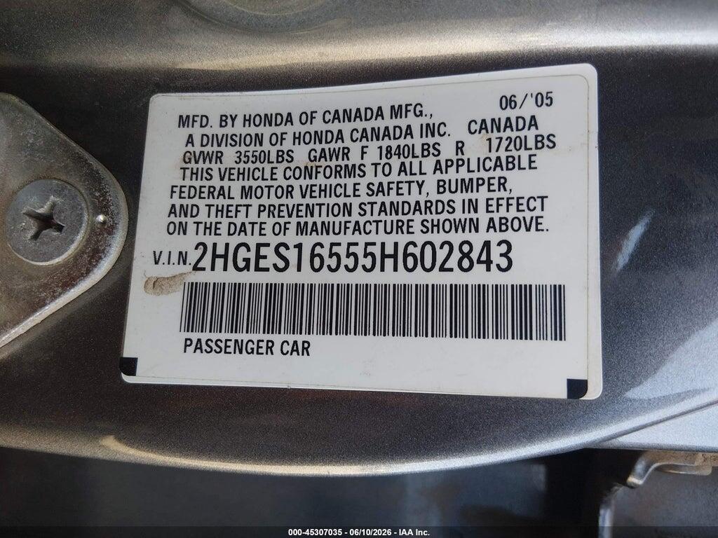 2HGES16555H602843 2005 HONDA CIVIC photo no. 9