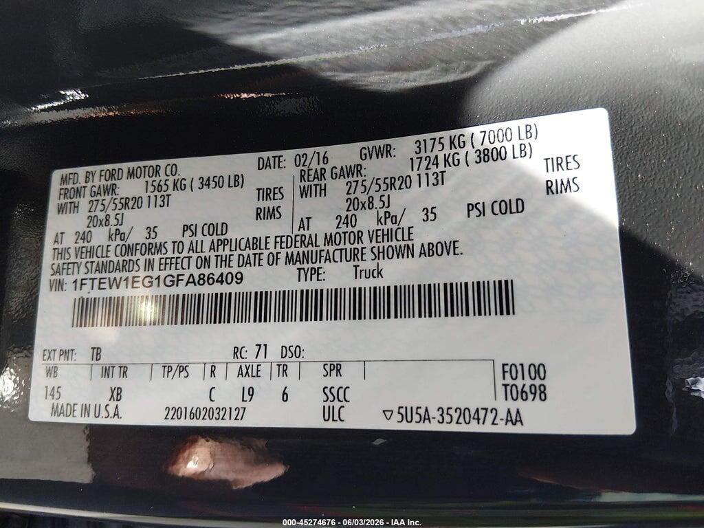 1FTEW1EG1GFA86409 2016 FORD F-150 photo no. 9