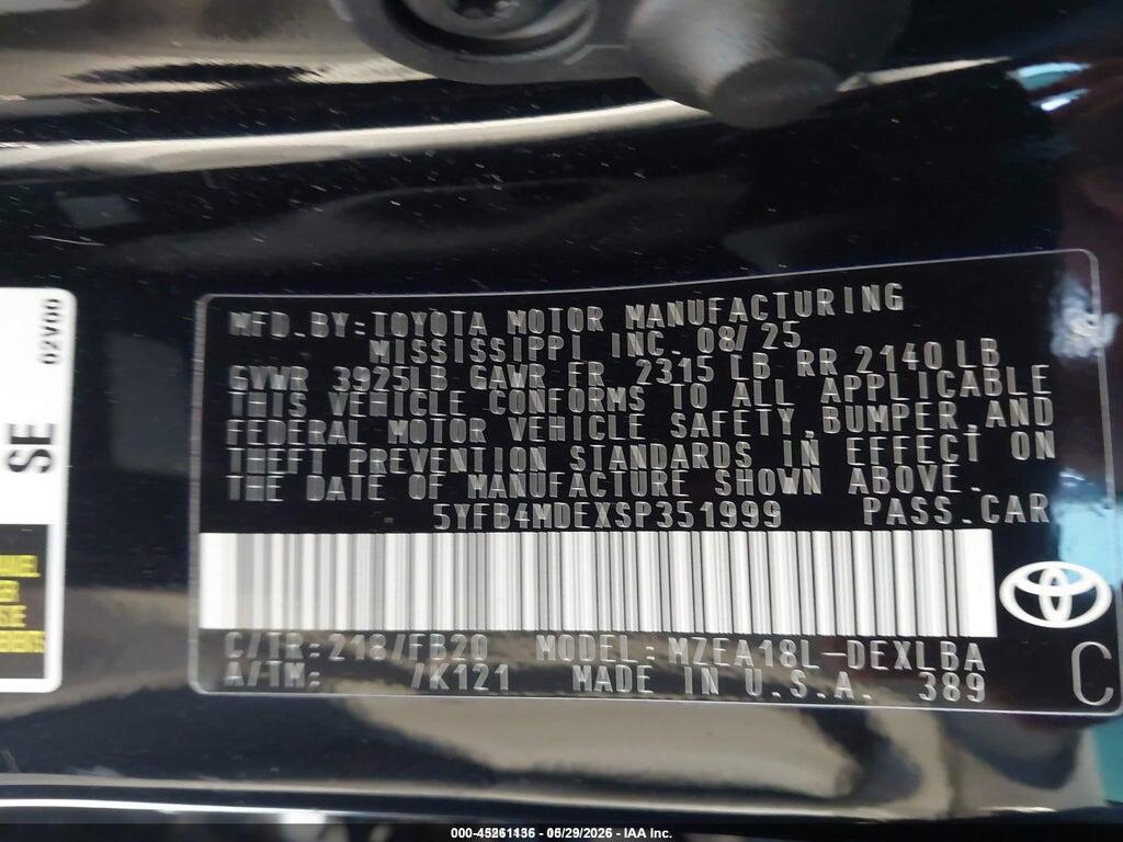 5YFB4MDEXSP351999 2025 TOYOTA COROLLA photo no. 9