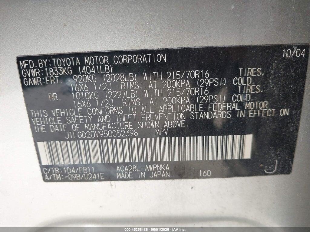 JTEGD20V950052398 2005 TOYOTA RAV4 photo no. 9