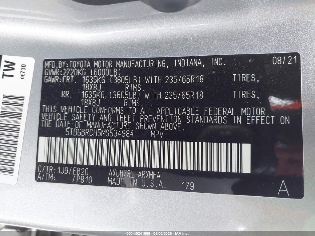 5TDGBRCH5MS534984 2021 TOYOTA HIGHLANDER photo no. 9