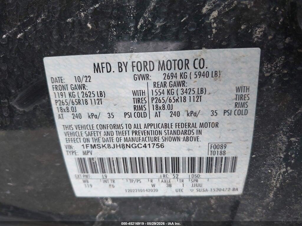 1FMSK8JH8NGC41756 2022 FORD EXPLORER photo no. 9