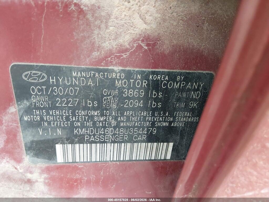 KMHDU46D48U354479 2008 HYUNDAI ELANTRA photo no. 9