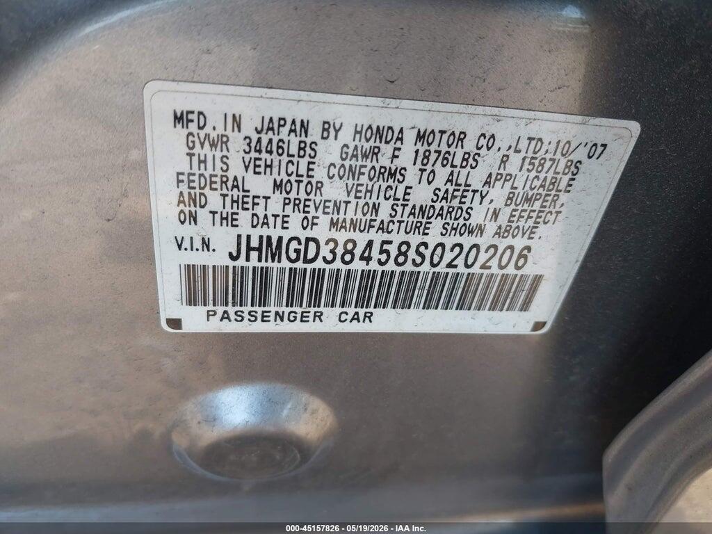 JHMGD38458S020206 2008 HONDA FIT photo no. 9
