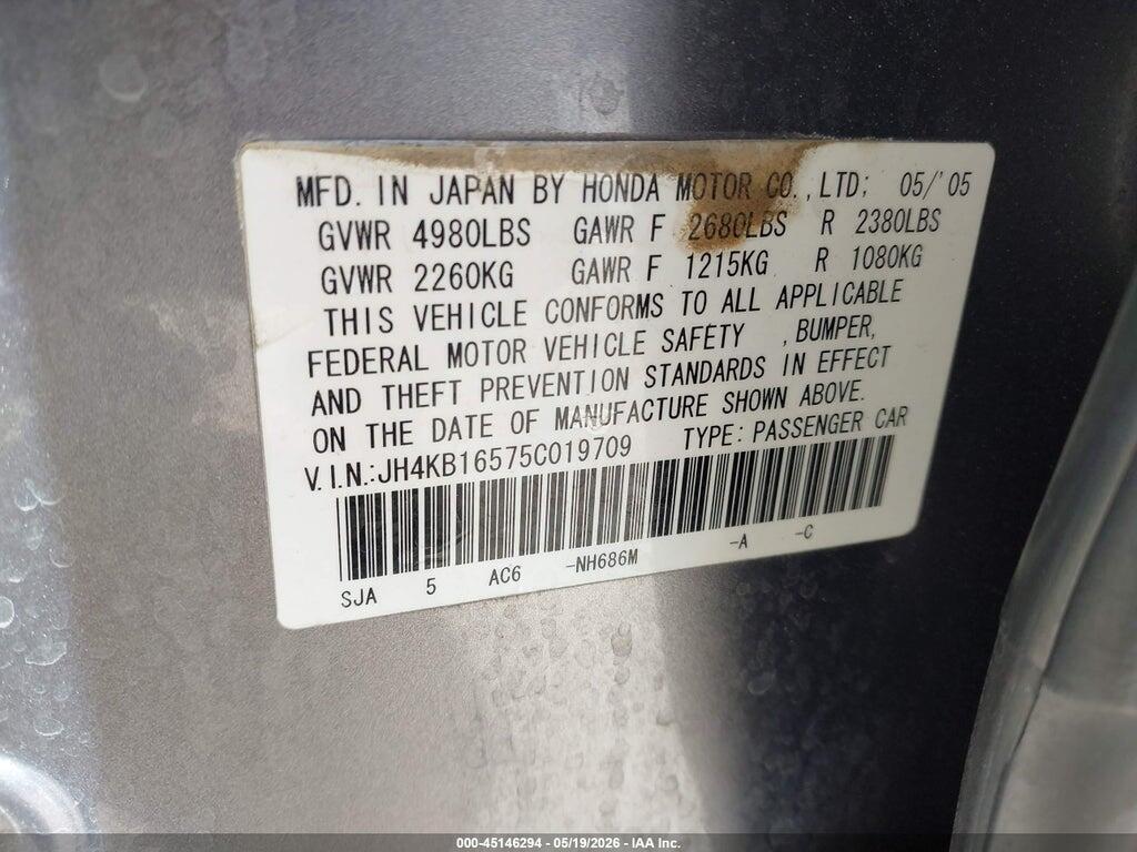 JH4KB16575C019709 2005 ACURA RL photo no. 9