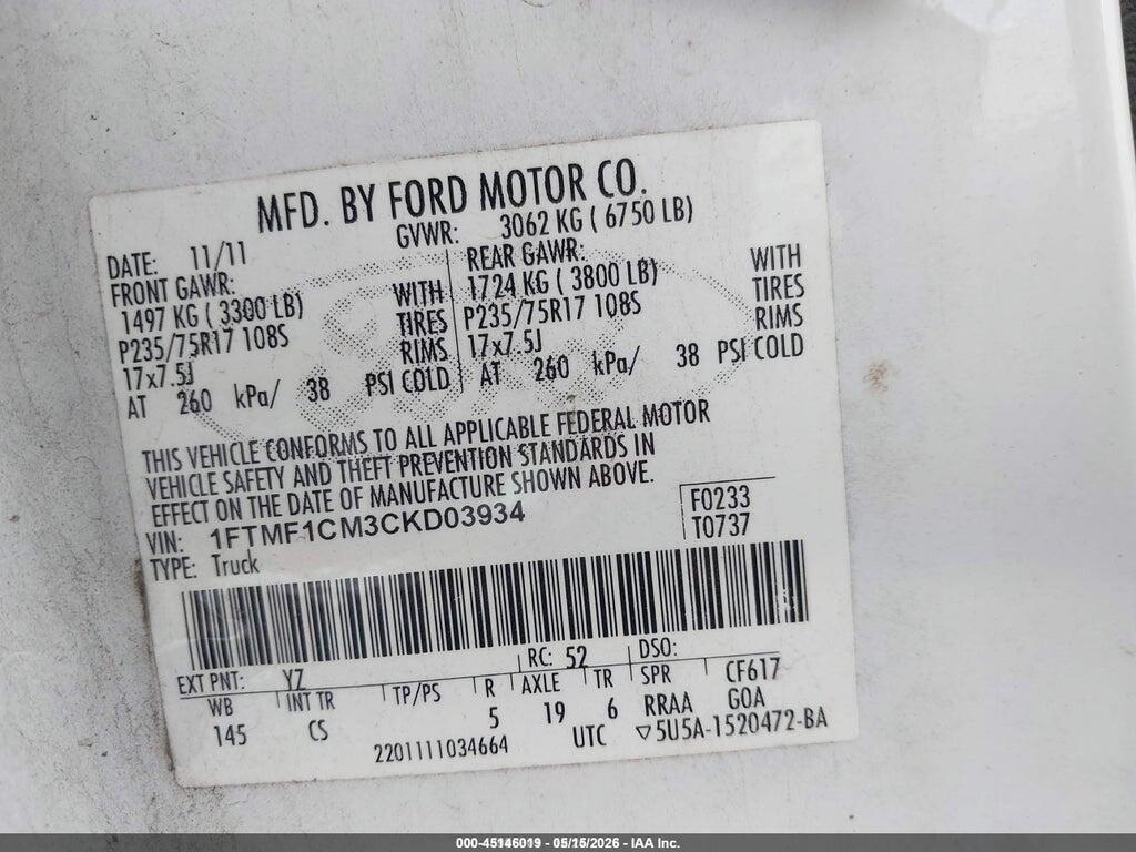 1FTMF1CM3CKD03934 2012 FORD F-150 photo no. 9
