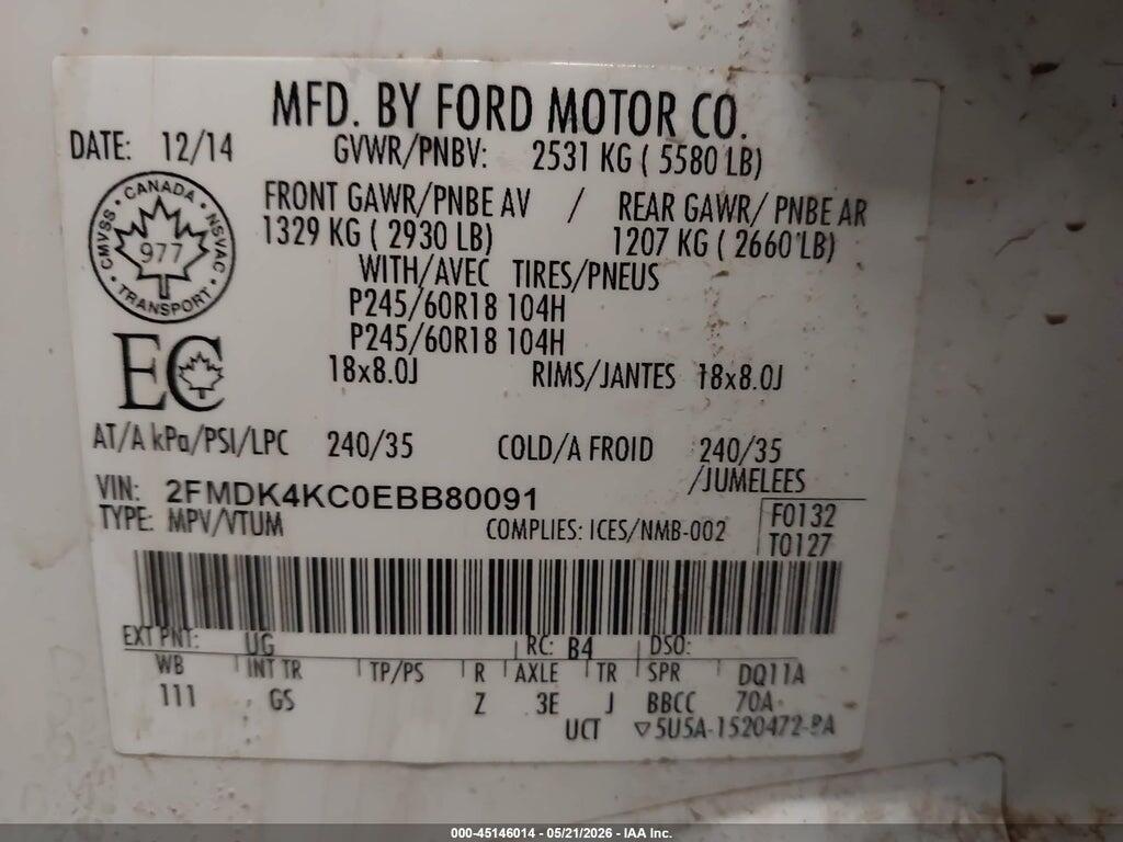 2FMDK4KC0EBB80091 2014 FORD EDGE photo no. 9