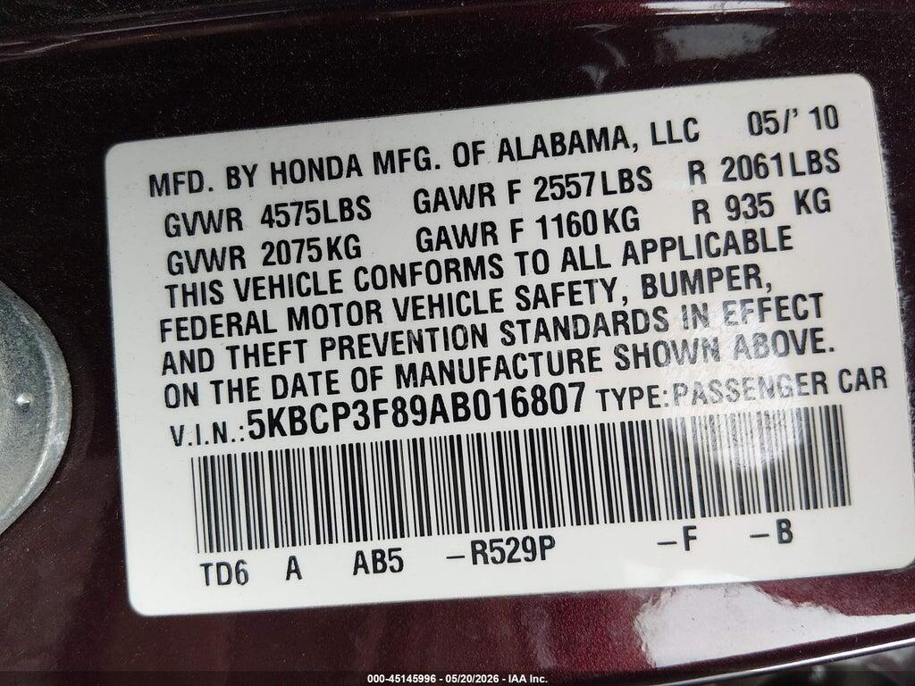 5KBCP3F89AB016807 2010 HONDA ACCORD photo no. 9