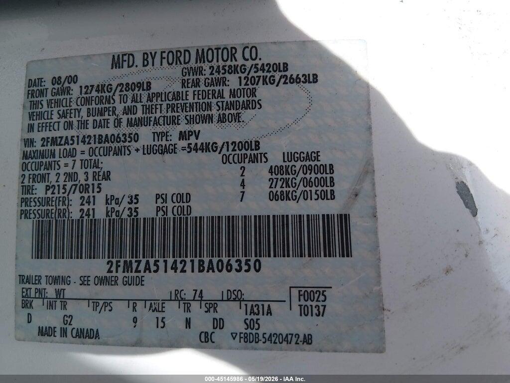 2FMZA51421BA06350 2001 FORD WINDSTAR photo no. 9
