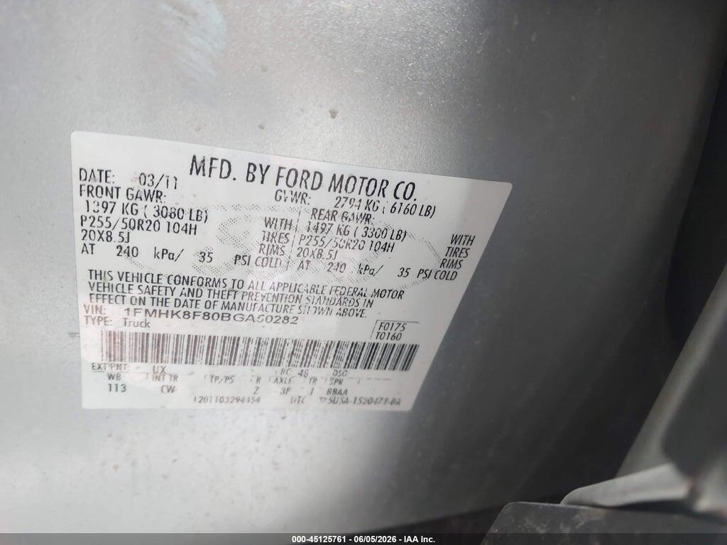 1FMHK8F80BGA50282 2011 FORD EXPLORER photo no. 9