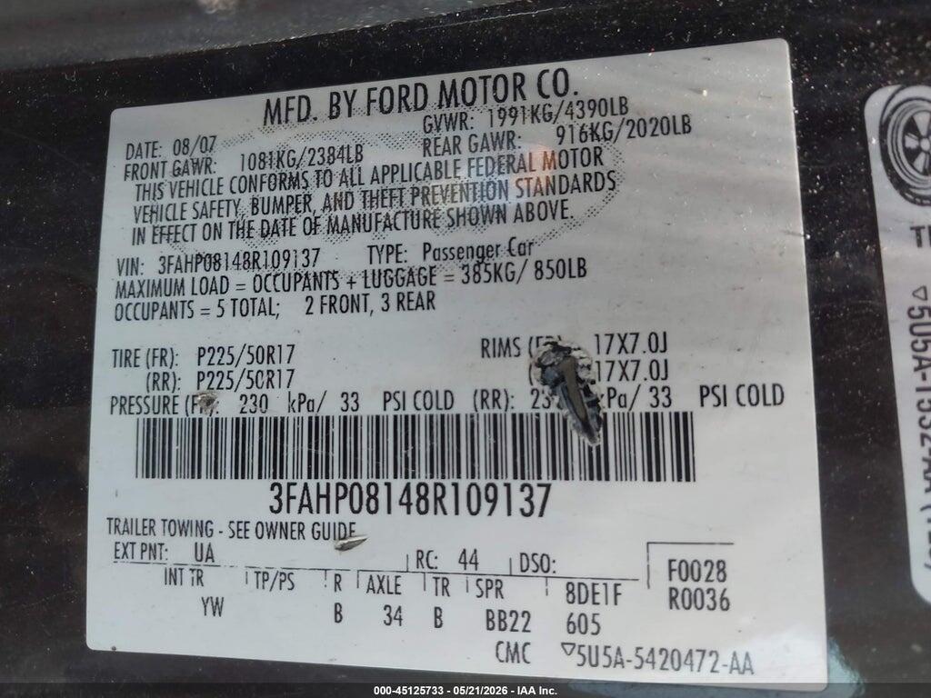 3FAHP08148R109137 2008 FORD FUSION photo no. 9