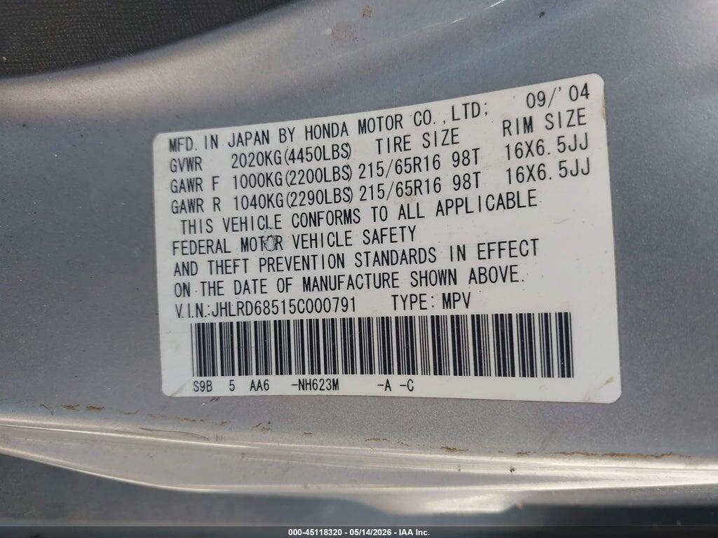 JHLRD68515C000791 2005 HONDA CR-V photo no. 9