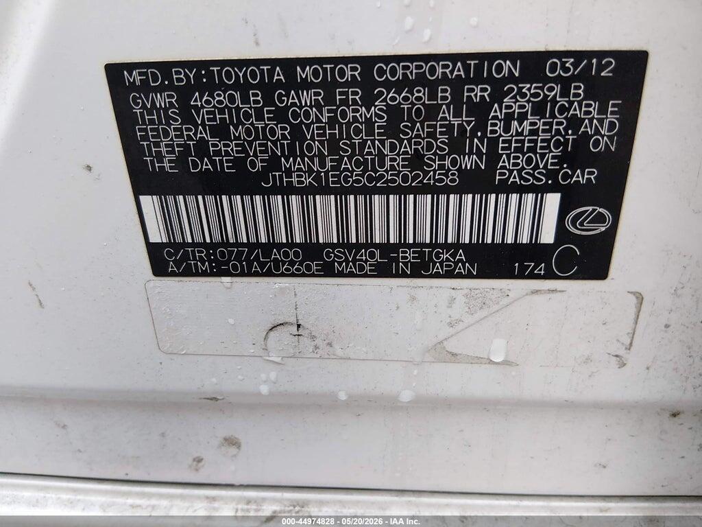 JTHBK1EG5C2502458 2012 LEXUS ES 350 photo no. 9