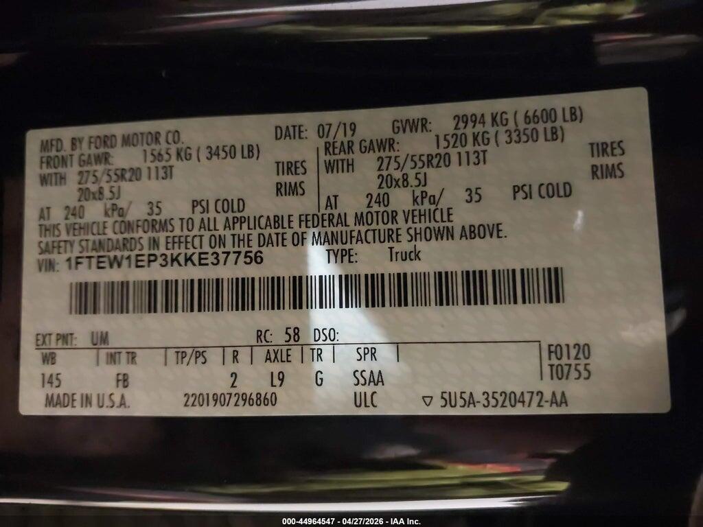 1FTEW1EP3KKE37756 2019 FORD F-150 photo no. 9