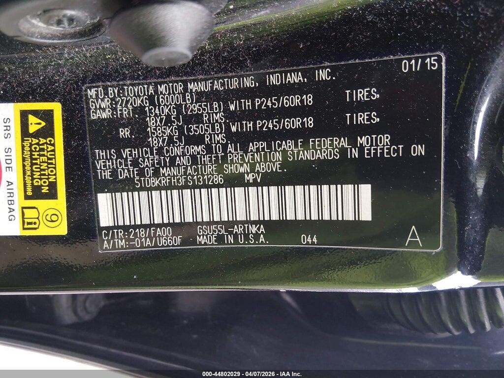 5TDBKRFH3FS131286 2015 TOYOTA HIGHLANDER photo no. 9