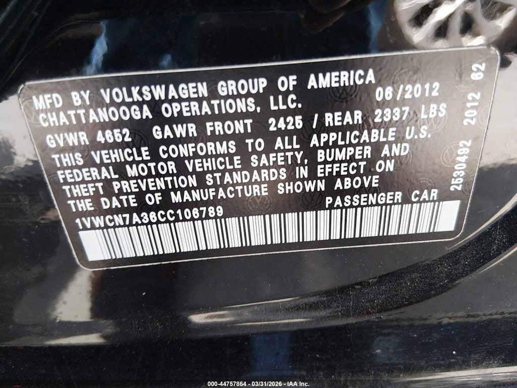 1VWCN7A36CC106789 2012 VOLKSWAGEN PASSAT photo no. 9