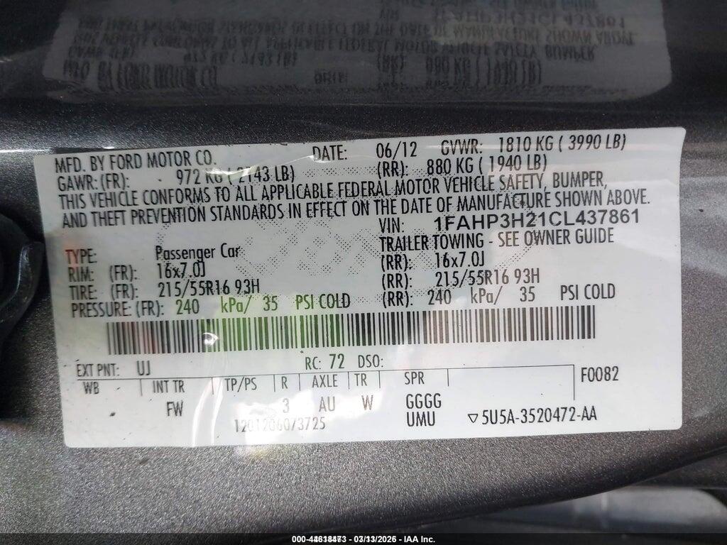 1FAHP3H21CL437861 2012 FORD FOCUS photo no. 9