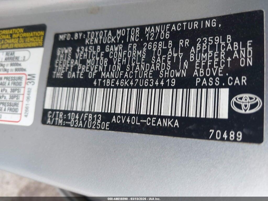4T1BE46K47U634419 2007 TOYOTA CAMRY photo no. 9