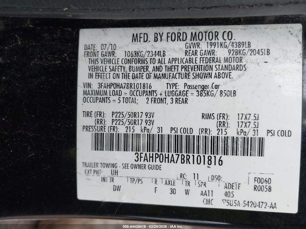 3FAHP0HA7BR101816 2011 FORD FUSION photo no. 9