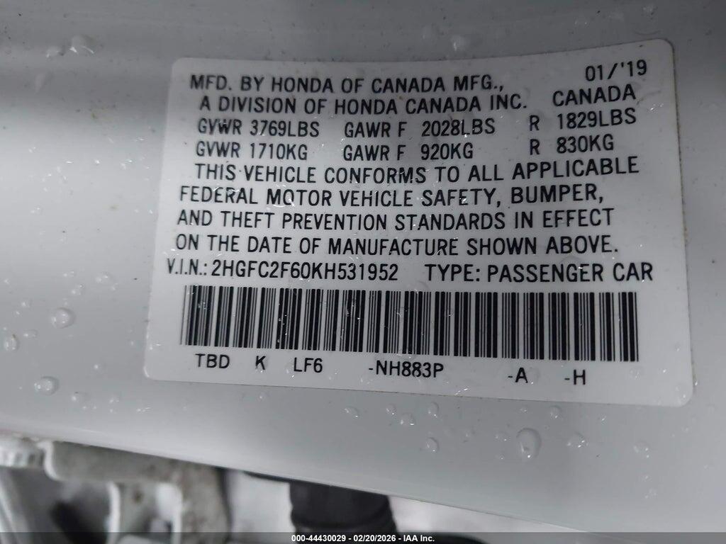 2HGFC2F60KH531952 2019 HONDA CIVIC photo no. 9