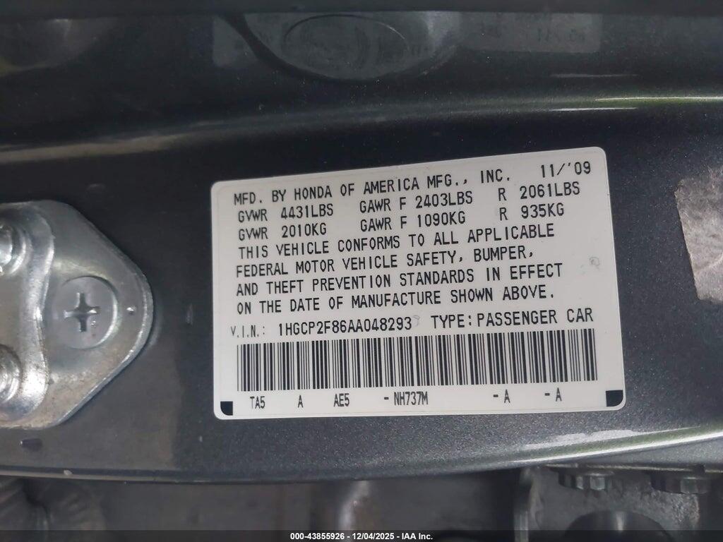 1HGCP2F86AA048293 2010 HONDA ACCORD photo no. 9