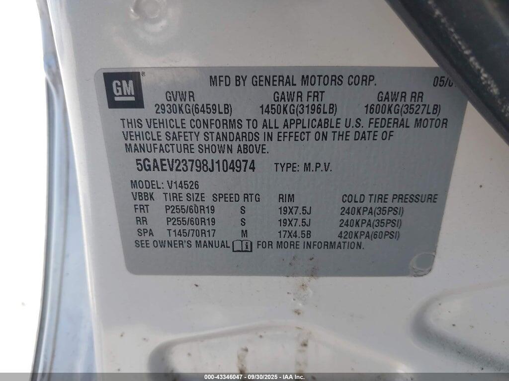 5GAEV23798J104974 2008 BUICK ENCLAVE photo no. 9