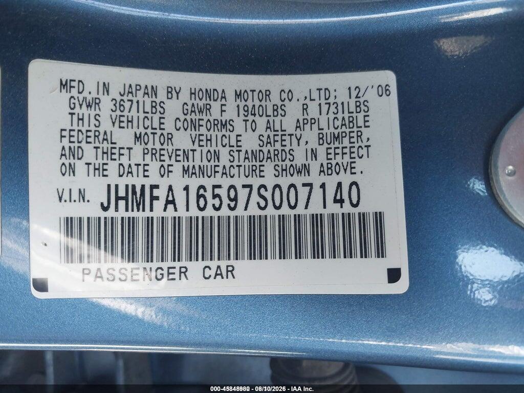 JHMFA16597S007140 2007 HONDA CIVIC photo no. 9