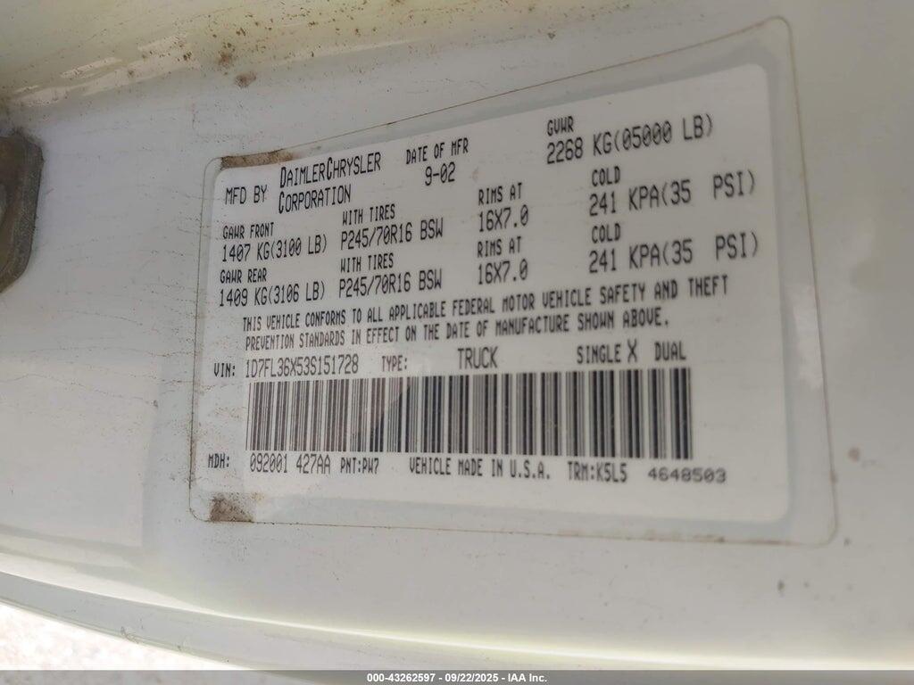1D7FL36X53S151728 2003 DODGE DAKOTA photo no. 9