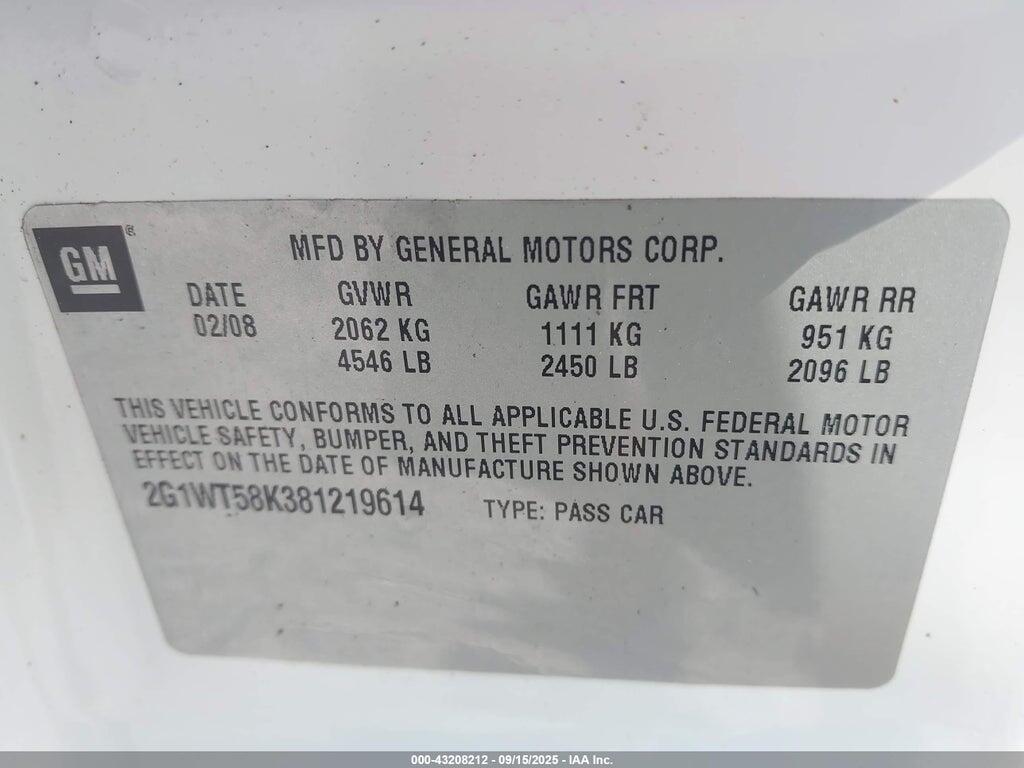 2G1WT58K381219614 2008 CHEVROLET IMPALA photo no. 9