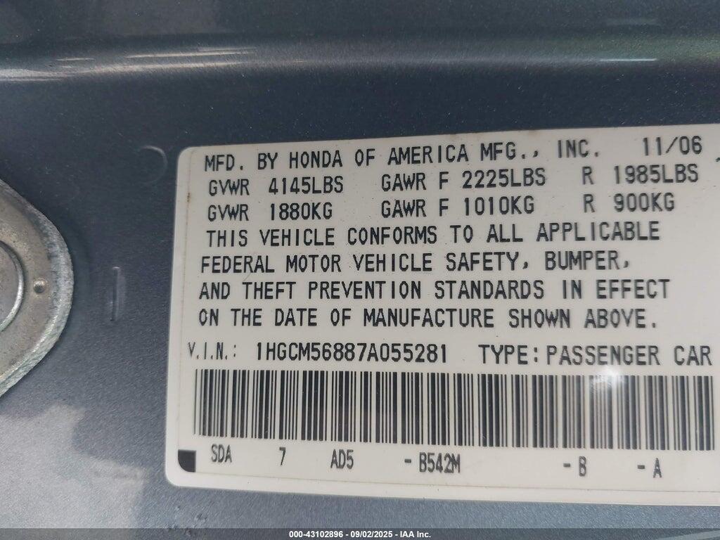 1HGCM56887A055281 2007 HONDA ACCORD photo no. 9