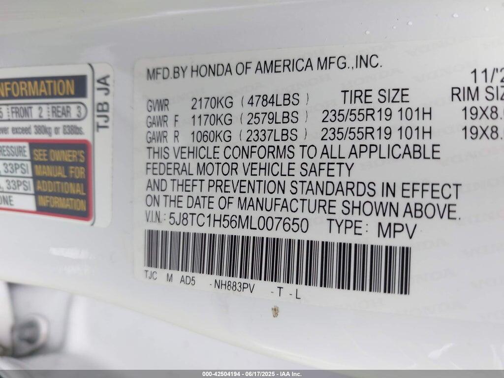 5J8TC1H56ML007650 2021 ACURA RDX photo no. 9
