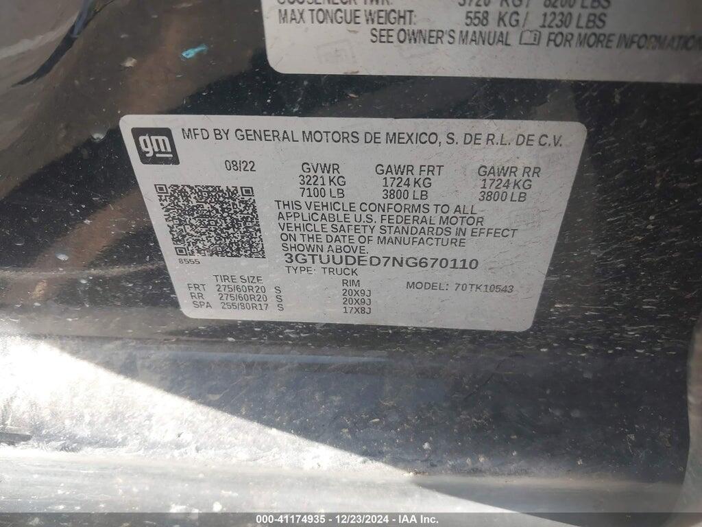 3GTUUDED7NG670110 2022 GMC SIERRA 1500 photo no. 9