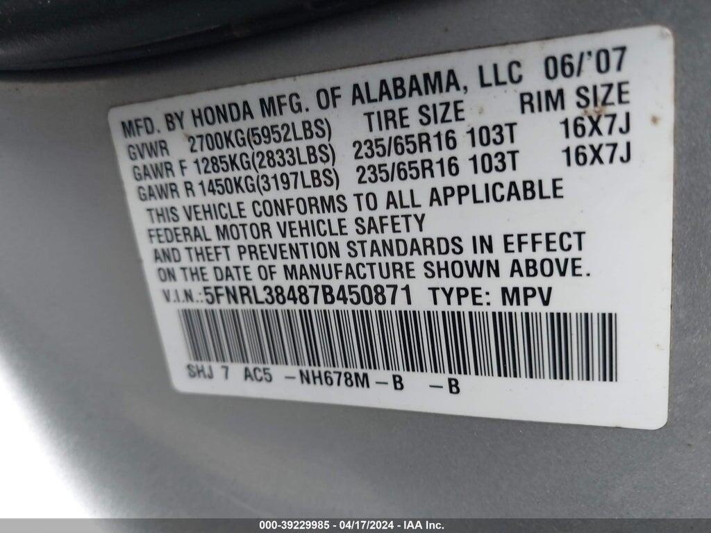 5FNRL38487B450871 2007 HONDA ODYSSEY photo no. 9
