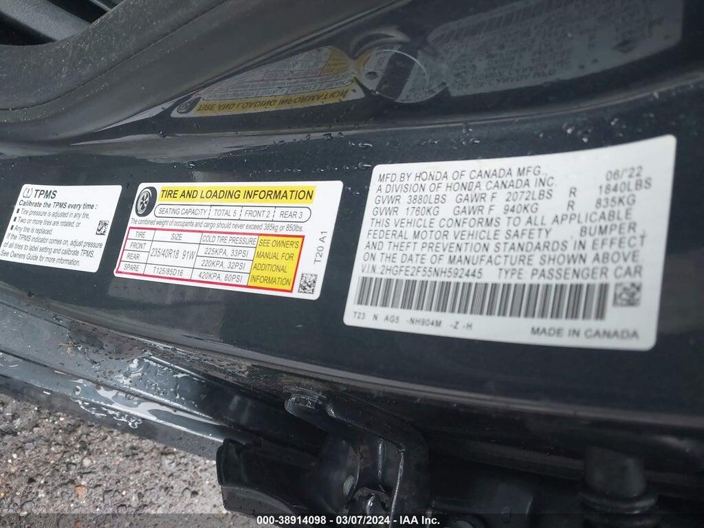 2HGFE2F55NH592445 2022 HONDA CIVIC photo no. 9
