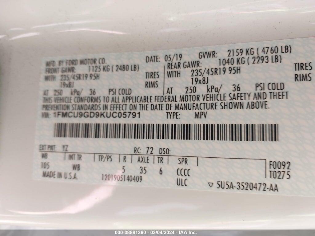 1FMCU9GD9KUC05791 2019 FORD ESCAPE photo no. 9