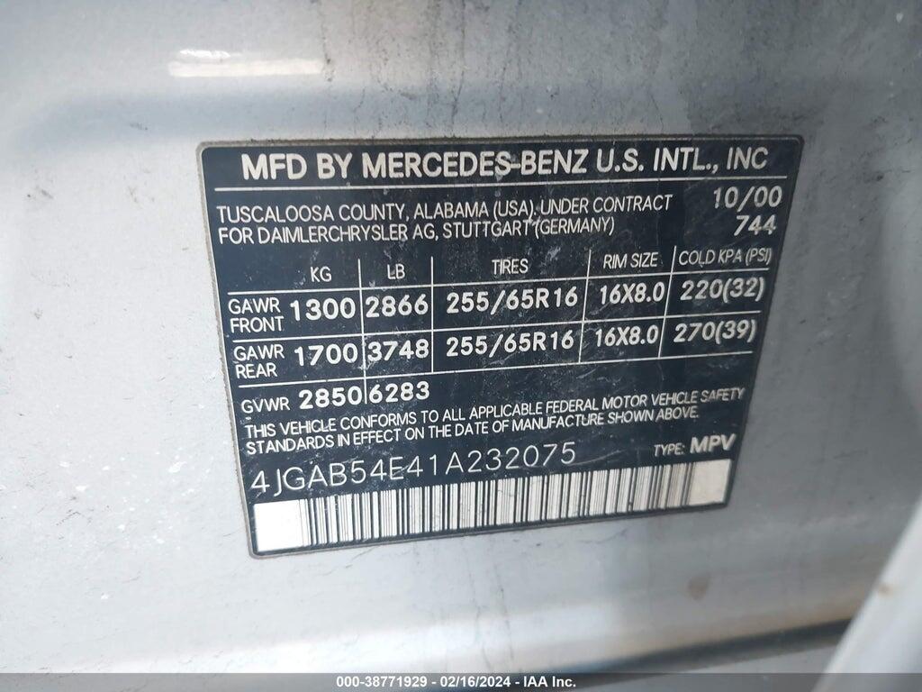 4JGAB54E41A232075 2001 MERCEDES-BENZ ML 320 photo no. 9
