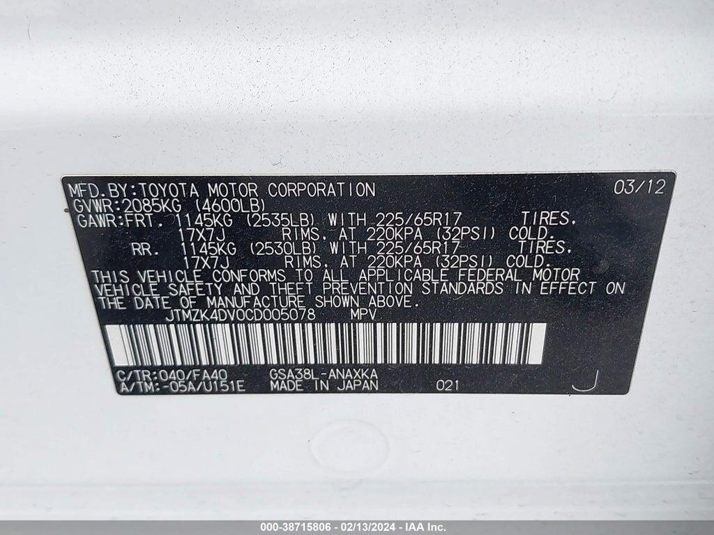JTMZK4DV0CD005078 2012 TOYOTA RAV4 photo no. 9